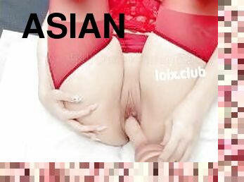 Sexy Asian slut with red sexy lingerie fuck her pussy with a big sex toy