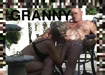 Granny gives her man a blowjob and then fucks a young dude