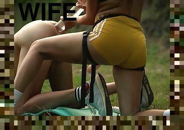 Anal pleasure for wife and husband is linked with their strap-on Outdoor creampie adventure