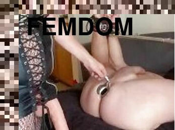 FEMDOM pegging sub with hands and feet in spreader bar till he cums