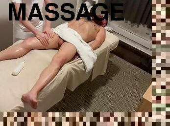 Horny gets boner during massage and seduced by masseur .