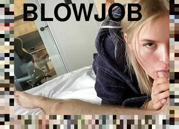Beautiful blonde sucks my dick and take a cumshot in her mouth - homemade blowjob