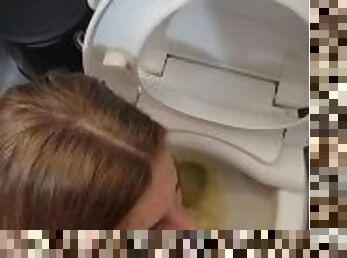 Thirsty For Piss, Redhead Laps Up His Streaming Piss Bent Over Toilet