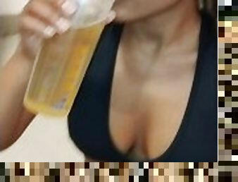 Stepdaughter quenching her thirst by drinking her own and male piss after training