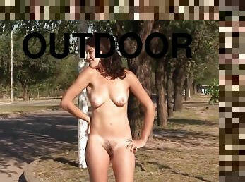 Lovers Outdoor - Naked Brunette Teen Strolls And