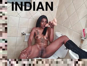 Tattooed Indian Whore Rides A Suction Cup Dildo Stuck To The Toilet Seat Lid While Wearing Heeled Boots