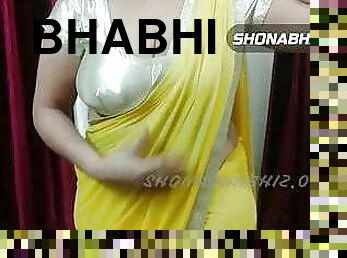 My sexy chubby Shonabhabhi wearing satin blouse and saree
