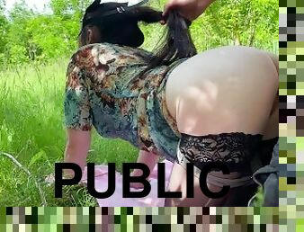 Public sex in the woods and risky blowjob-filled face with cum