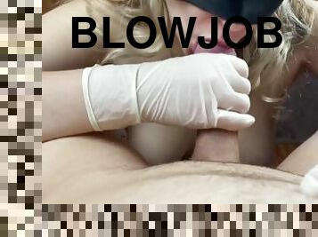 blowjob and sex and cum in mouth from juicy girl in latex gloves