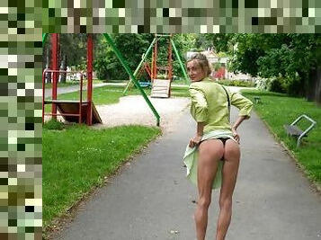 Skinny MILF Flashes In Public Park, Goes Home And Finishes Herself Off