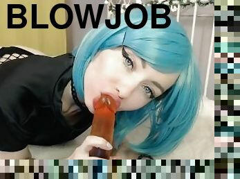 BLUE-HAIRED BEAUTY WITH BLUE EYES MAKES A SLOW TEASING BLOWJOB