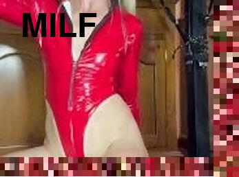 Sexy red bodysuit milf milking a load from huge cock