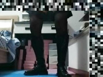 Wearing black silk and boots, masturbating and ejaculating at home with breast stickers