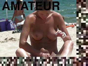 nudist, im-freien, dilettant, erotisch-mutti, kam, strand, spitzel, voyeur, brunette, versteckte