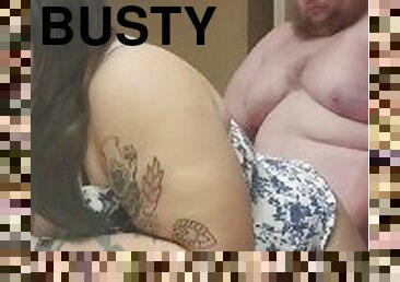 Fat guy fucks busty tattooed slut in hotel bathroom