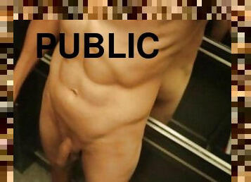 Hot fitness guy walks nude on hallway, elevator and goes to the street door. RISKY