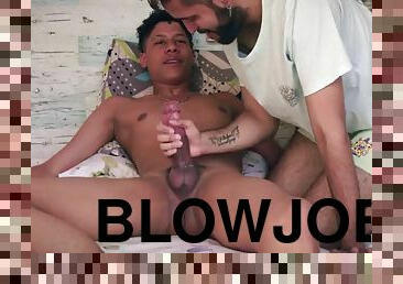 Camilo Brown gives sloppy deep throat blowjob to big cock Latino Liam Sareth with intense post cumshot play