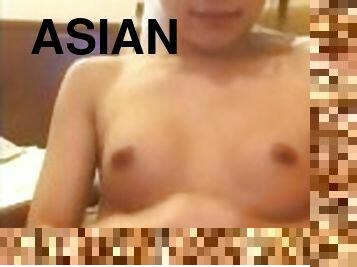 T-girl next door Asian Ladyboy dildo play and cum on belly jerking off