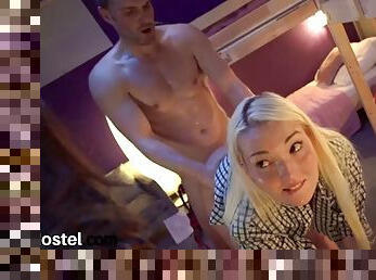 Little hostel slut fucked in threesome by a big hard cock