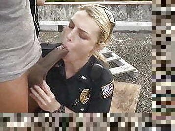 Two hot milf cops fuck after blowjob his big cock black!