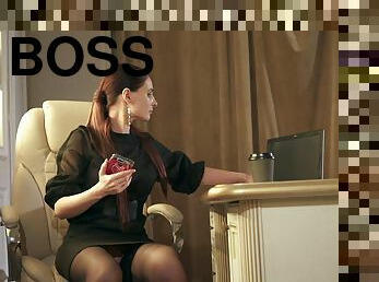 Your Chief: Jeny Smith plays the role of the boss. High heels, stockings and mini skirt.