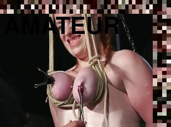 Breast bondage and tit torture of redhead amateur slave Fiona in hardcore