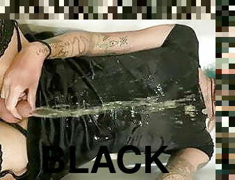 Goth trans girl peeing herself all over black silk dress