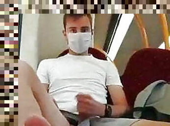 Jerk off with a face mask on the train