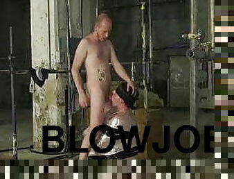 BDSM blindfold twink Bob Steel sucking big cock for facial