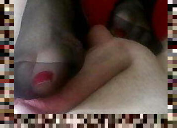Nylon Footjob with red nails
