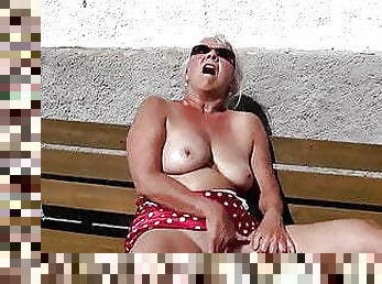 60 year old granny masturbates on a bench