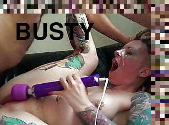 Dominated tattooed busty slut deep throats