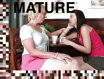 Blonde mature lesbian licking her young hole