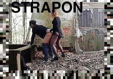 His cum is great lube for my strapon! Pegging in abandoned building