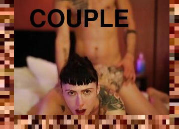 Romantic sex with a beautiful tattooed muscular couple