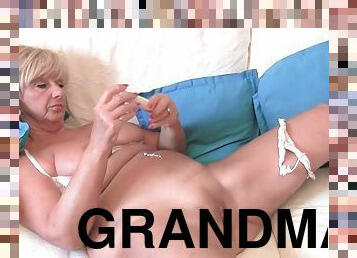 Chubby grandma with big old tits fucks a vibrator