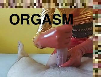 Tripple orgasm latex handjob using cock ring and massage oil
