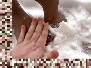 Girl Barefoot nylons in snow