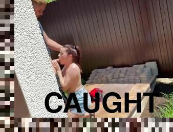 Caught in front of a security camera. Busty girl sucks boyfriend in my backyard!