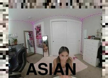 VR 3D 180 Sexy PETITE ASIAN in Pigtails STRIPTEASE and Sucks - 5.7K