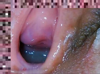 Extreme close up! Cum flowing and dripping into pussy!