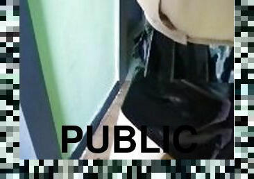 Public elevator crossed legs orgasm in PVC skirt