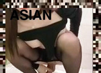 Asian schoolgirl sweet teenager Ladyboy upskirt and cum on her pantyhose on public toilet