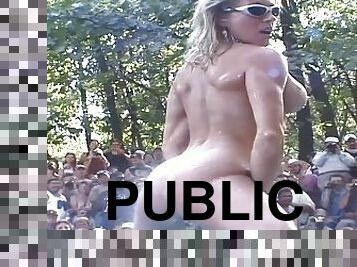 nudist, party, publik, fru, amatör, galen, bikini, vått, blottande