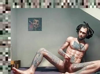 Tattooed hippie breaks his chains and starts masturbating *AI porn*