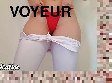 Trying on white leggings with red thong panties