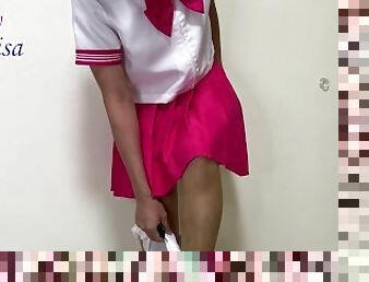 SisK try on shocking pink seifuku and white panties