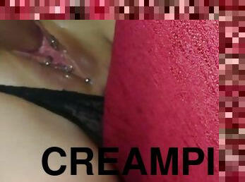 Sperm dripping from my tight pierced pussy