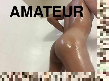 Playing with my soapy tight boy pussy in the shower