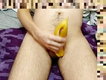 Masturbation with a banana peel, playing with a cock in oil.